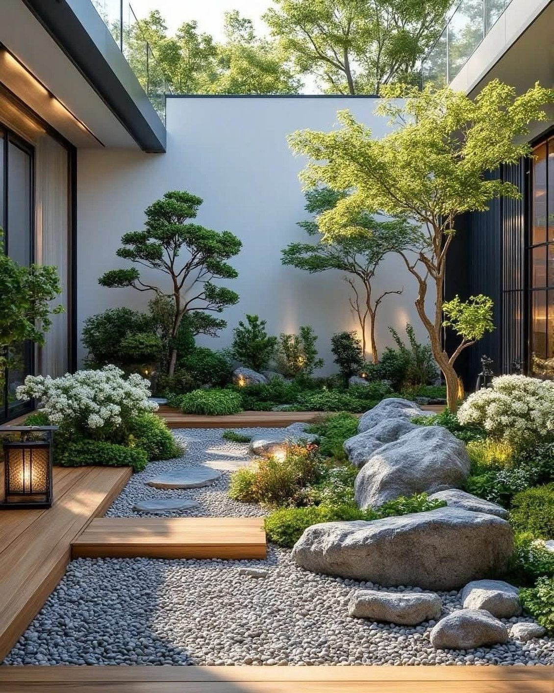 12 Small Backyard Design Ideas for Outdoor Living 5 A modern courtyard garden with wooden decking, grey gravel, large stones, and lush green plants.