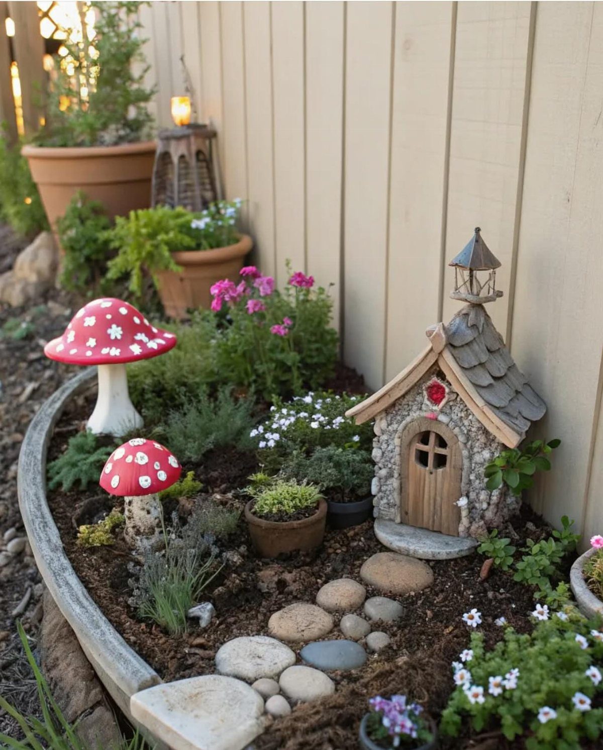 11 Small Flower Bed Ideas for Compact, Handsome Gardens 8 A miniature fairy garden with a stone cottage, mushroom figurines, and a pebble path among small plants.