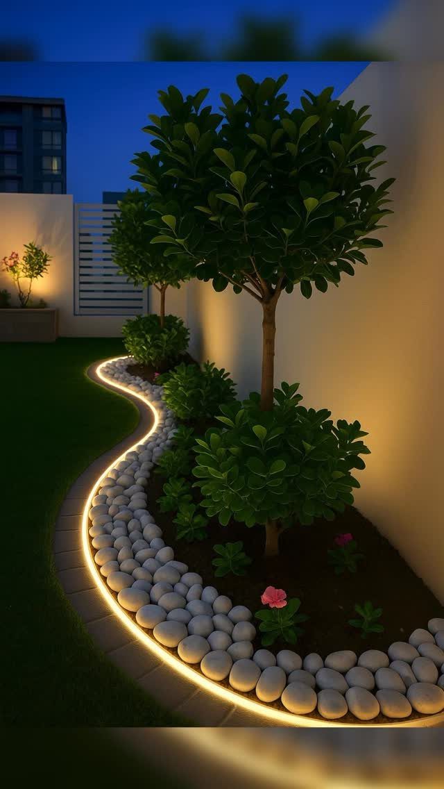 11 Small Flower Bed Ideas for Compact, Handsome Gardens 9 Small trees and shrubs planted in a landscaped garden bed with white stones and LED lighting.