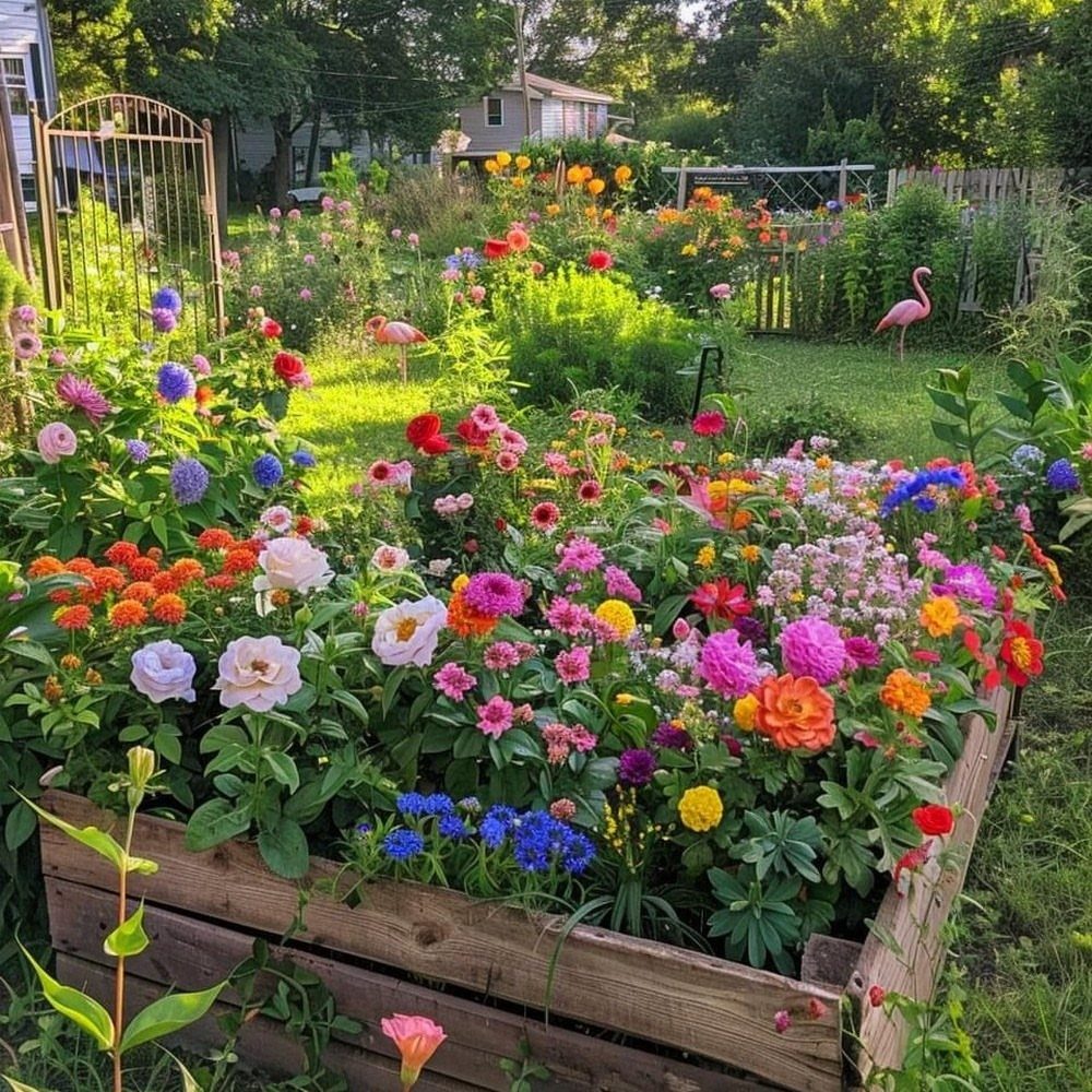 11 Small Flower Bed Ideas for Compact, Handsome Gardens 2 Colorful wildflowers blooming densely within a rustic wooden raised garden bed in a sunny backyard.