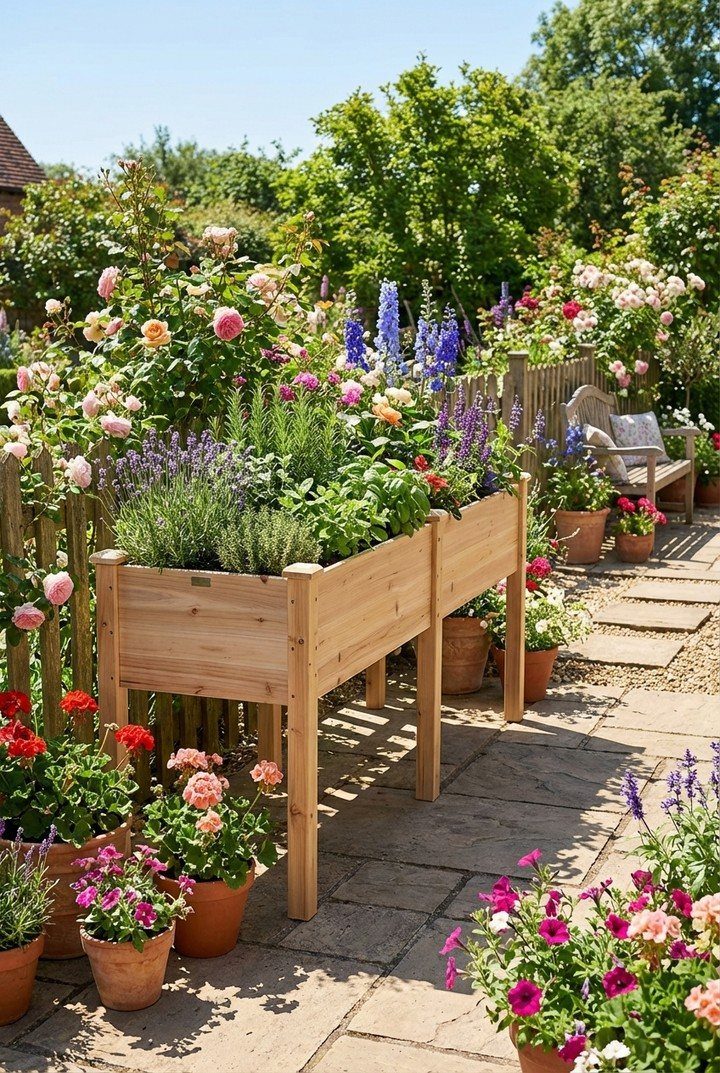 11 Small Flower Bed Ideas for Compact, Handsome Gardens 1 A wooden frame raised bed filled with lush green plants and colorful flowers on a stone patio.