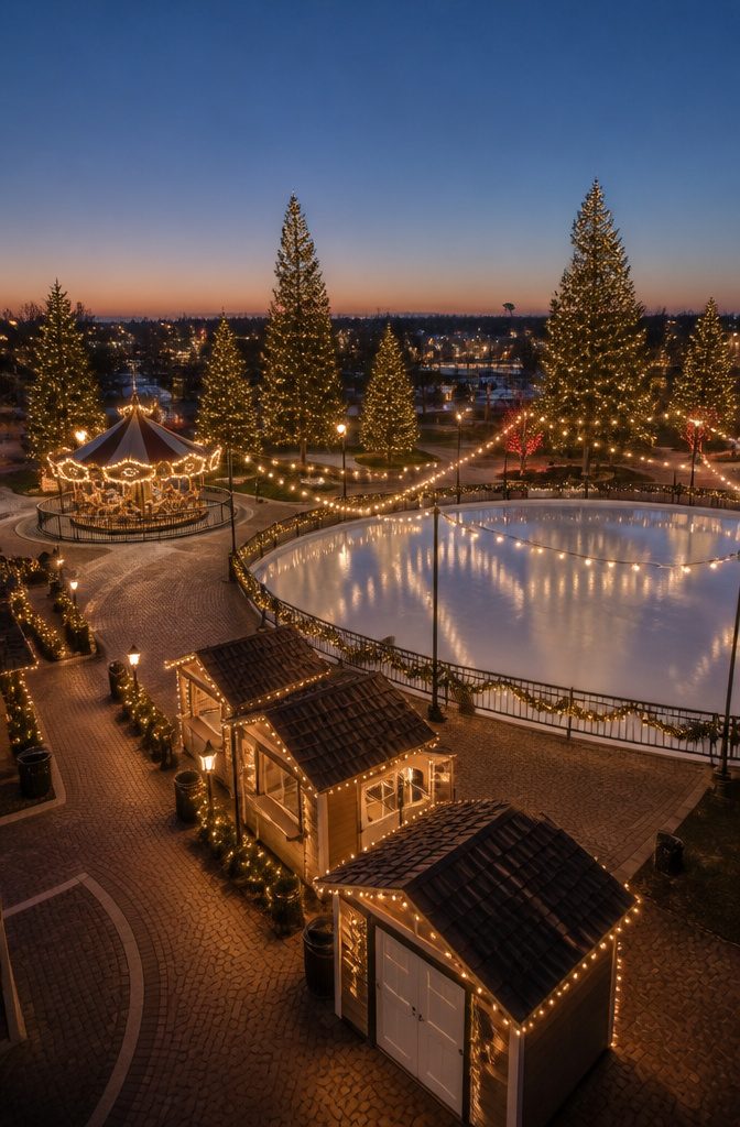 Small Town Christmas Events, Movies and Celebrations 3 An ice skating rink in Civic Park surrounded by Christmas lights.