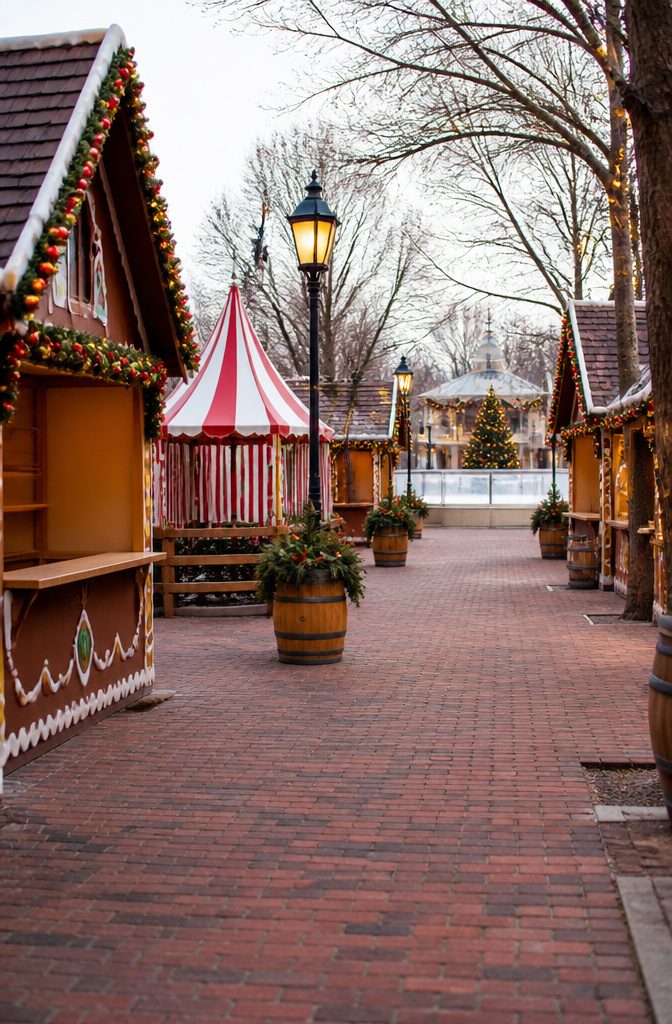 Small Town Christmas Events, Movies and Celebrations 7 Vibrant vendor stalls at a Christmas market with seasonal treats.