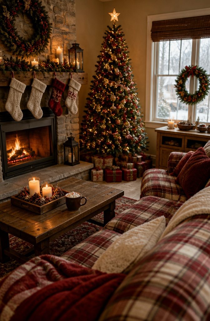 Small Town Christmas Events, Movies and Celebrations 2 A vintage-style living room with a Christmas tree and hot cocoa.