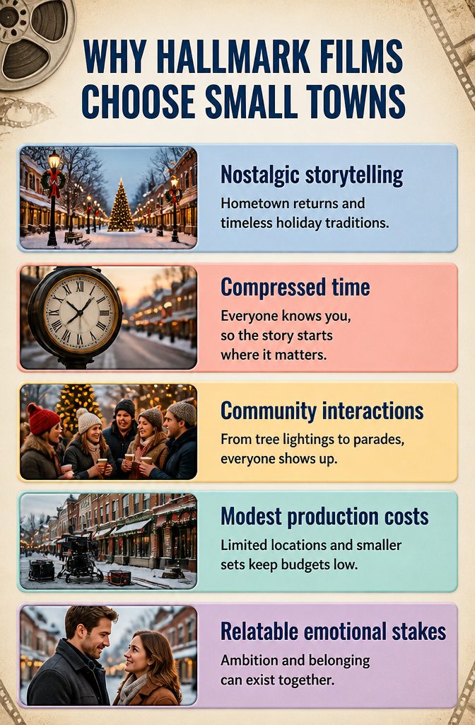 Small Town Christmas Events, Movies and Celebrations 6 An information graphic about Hallmark films and small town settings.