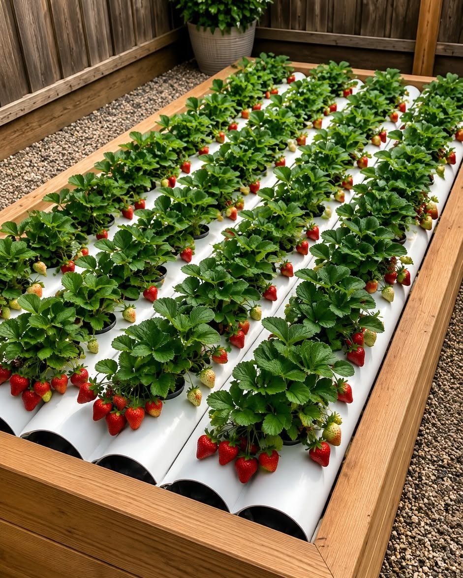 11 Strawberry Garden Bed Ideas for Small Yards & Tight Budgets 3 Strawberry plants with ripe red fruit growing from white pipes in a wooden raised garden bed.