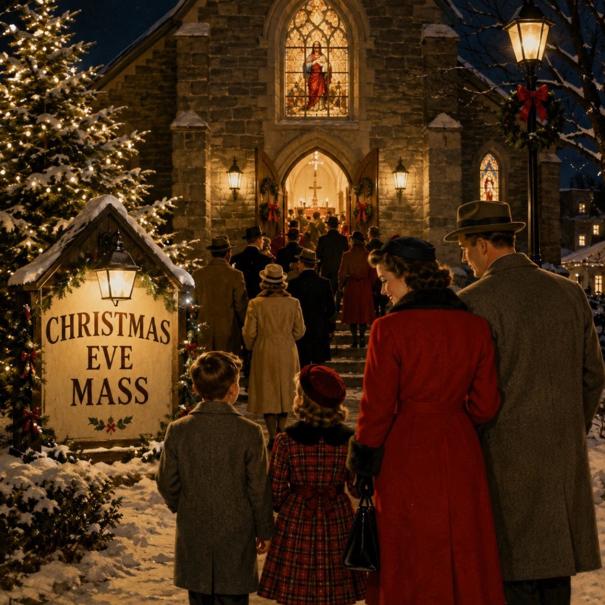 21 Things to Do for Christmas 2026 9 People walking toward a stone church decorated for Christmas Eve Mass at night.
