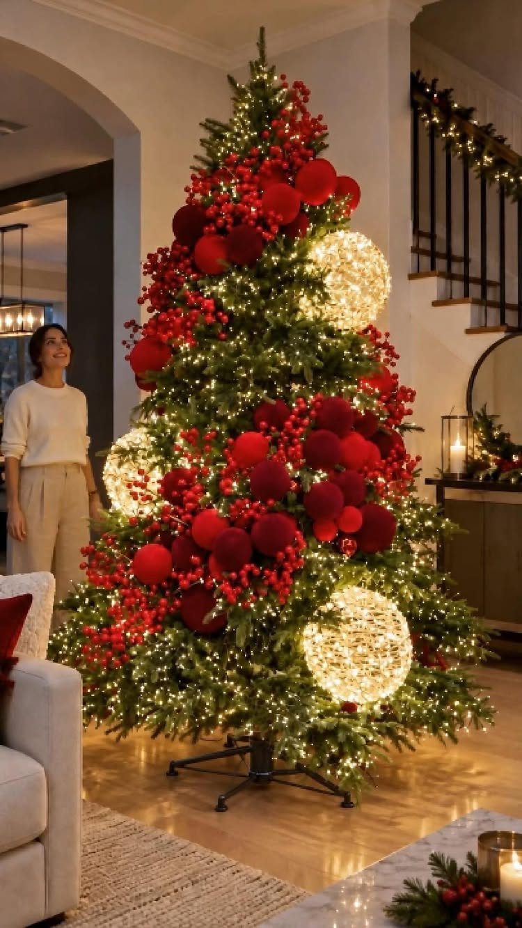 21 Things to Do for Christmas 2026 11 A large decorated Christmas tree with red ornaments and glowing spheres in a living room.