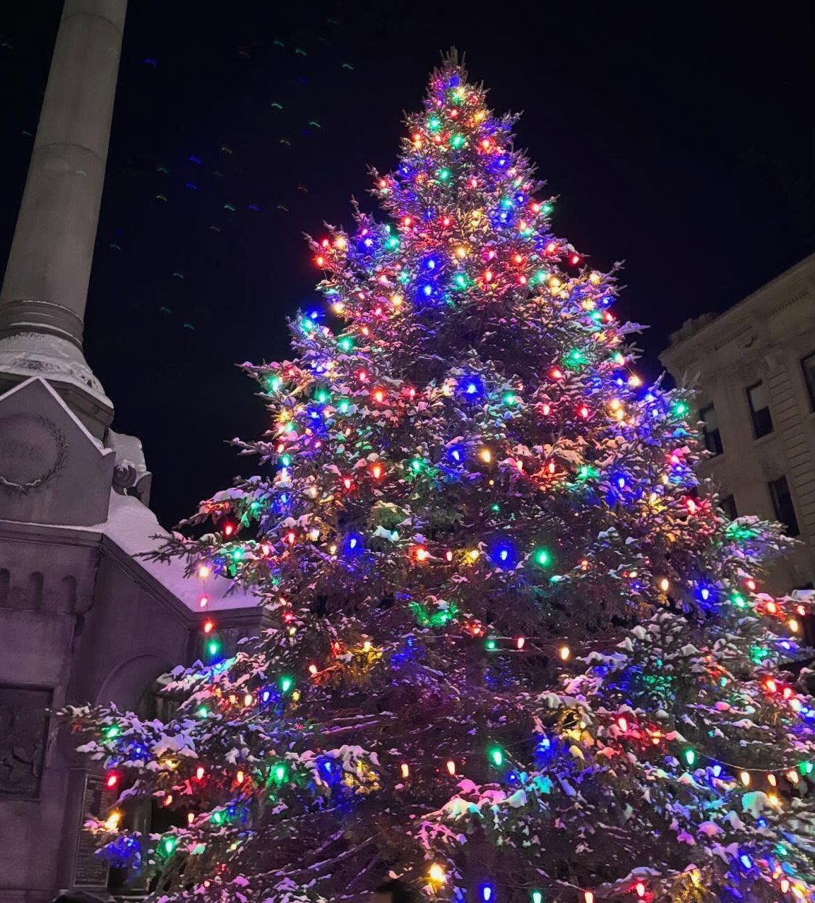 21 Things to Do for Christmas 2026 3 A large Christmas tree covered in colorful lights and snow against a dark night sky.