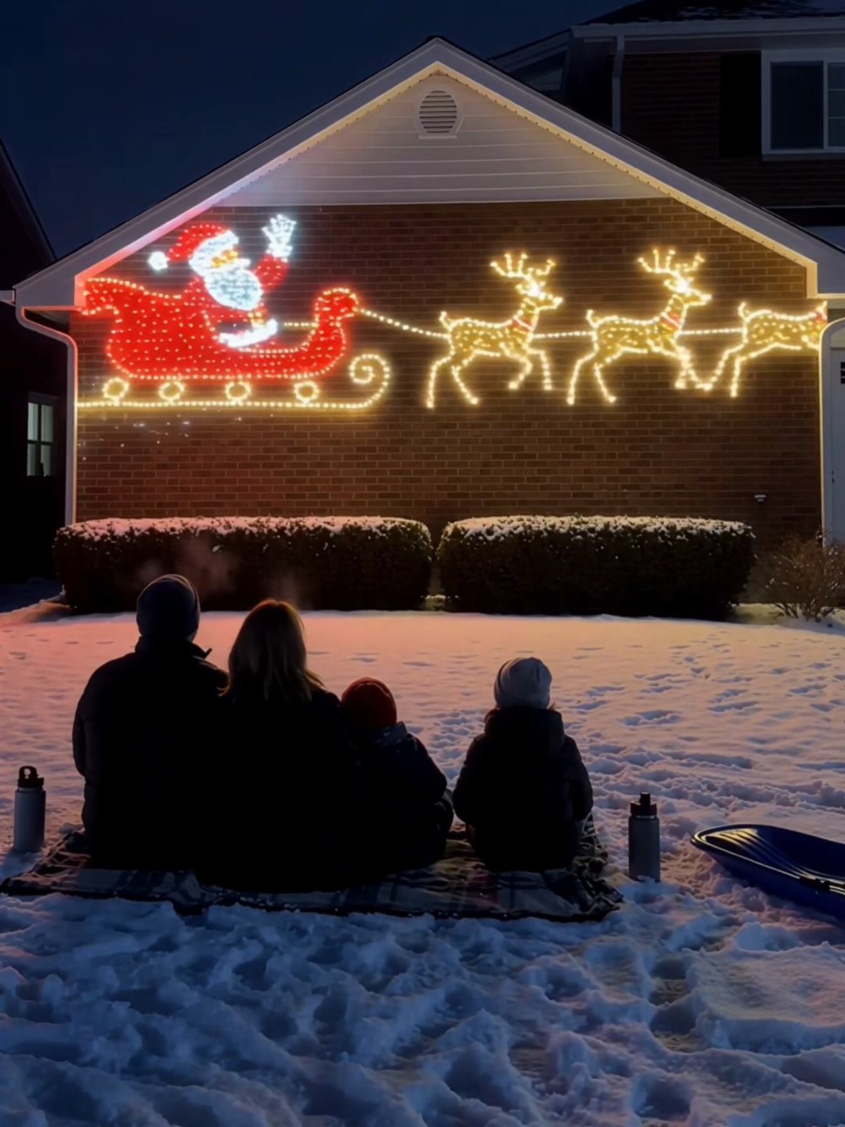 21 Things to Do for Christmas 2026 17 Family sitting in the snow watching Santa Claus light decorations on a house wall.