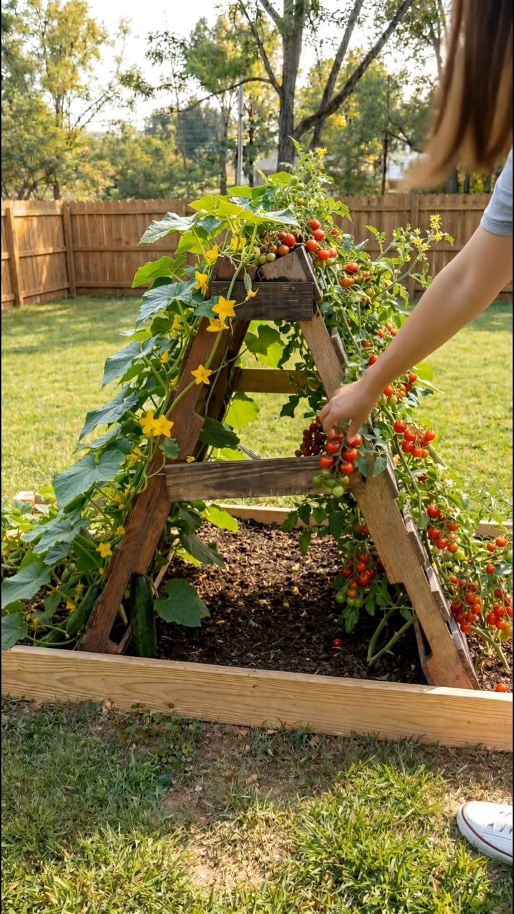 7 Vegetable Garden Ideas for Small Spaces and Big Harvests 4 A wooden A-frame trellis supporting tomato plants with ripe red tomatoes in a garden bed.