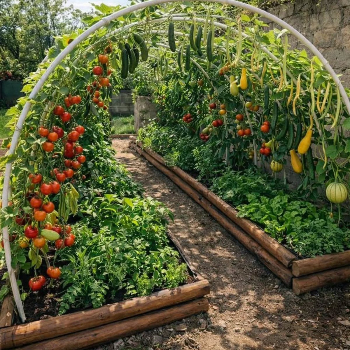 7 Vegetable Garden Ideas for Small Spaces and Big Harvests 3 Raised wooden garden beds with lush vegetables separated by a dirt path under a white arch.
