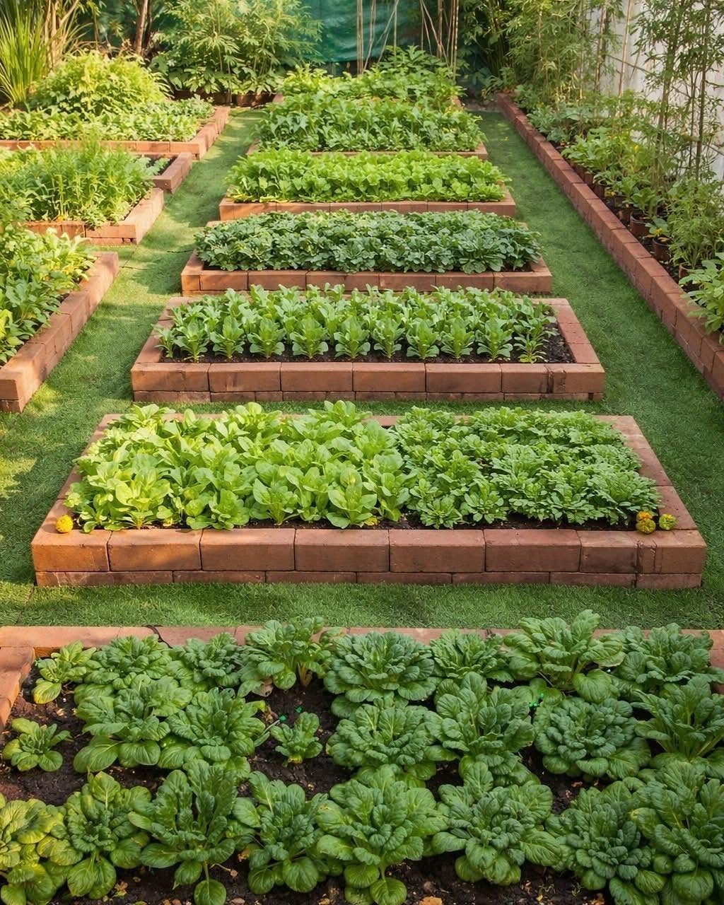 7 Vegetable Garden Ideas for Small Spaces and Big Harvests 2 Rectangular brick raised garden beds filled with various green leafy vegetables arranged on a green lawn.