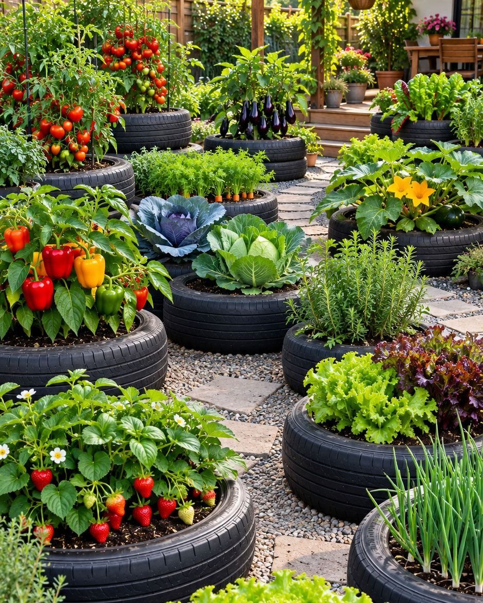 7 Vegetable Garden Ideas for Small Spaces and Big Harvests 5 Vegetables growing in black tire planters arranged on a gravel garden path.