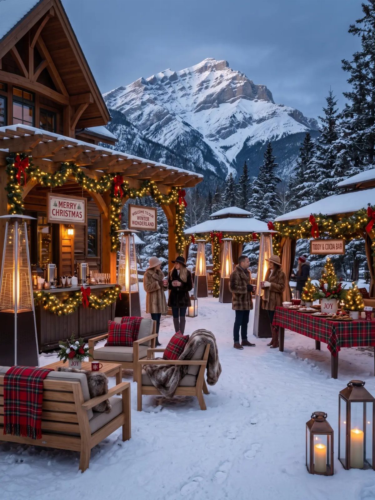 Winter and Christmas: 3 Ways the Season Gathers People 1 People socializing at an outdoor winter party decorated with Christmas lights and festive garlands near snowy mountains.